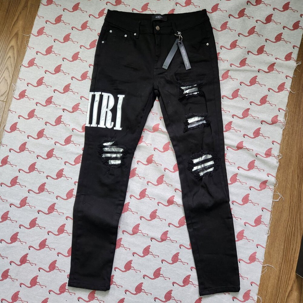 Amiri Silver Patchwork Letter Logo Slim Fit Ripped Jeans Men